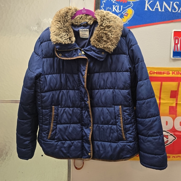 Old Navy Blue Puffer Jacket with Faux Fur Collar - Picture 1 of 7